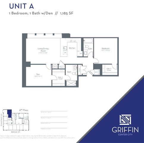 Floor plan for 1 bed, 1 bath, 1185 sqft